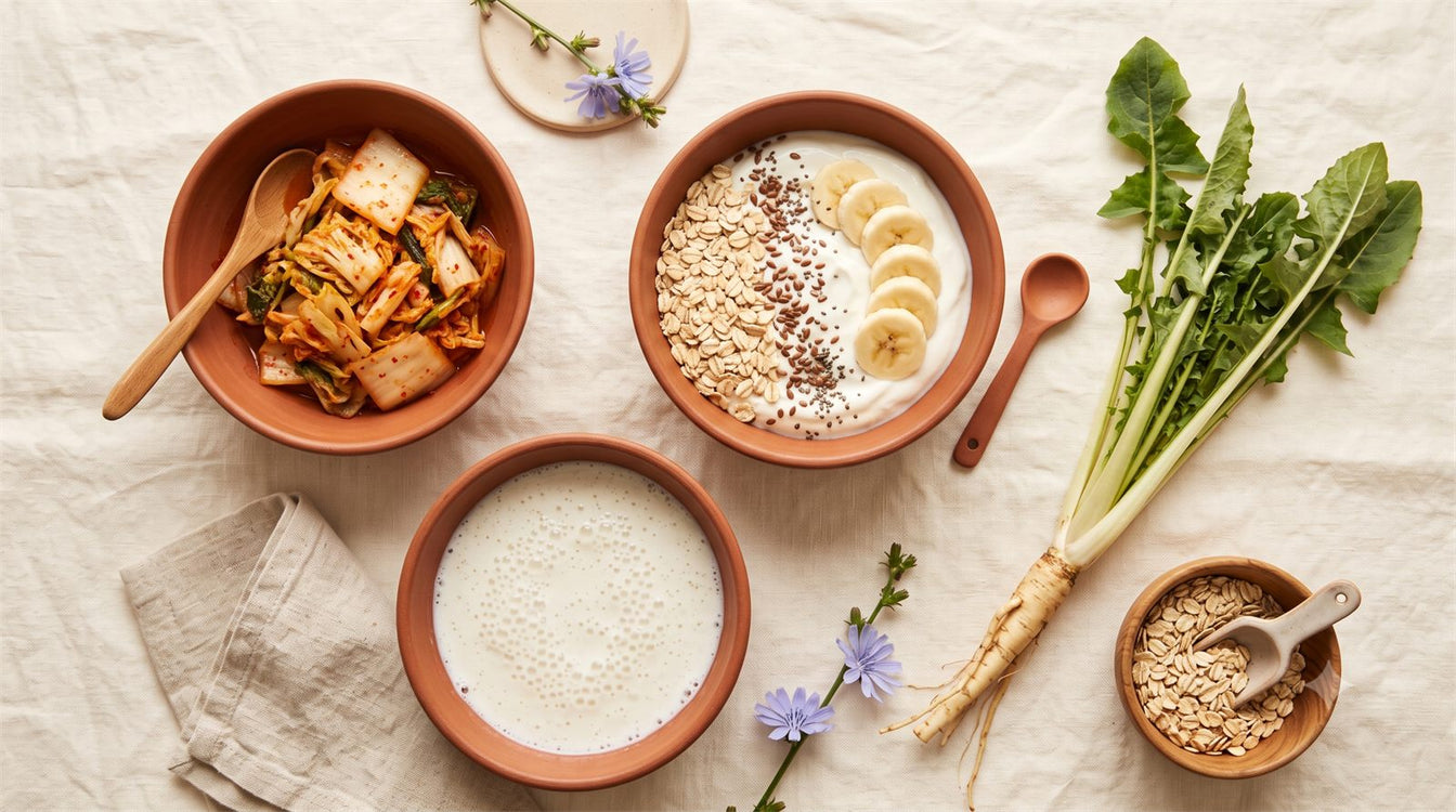 Haspuffadás elleni bélbarát ételek — fermentált joghurt, kimchi, rostgazdag zöldségek krém háttéren